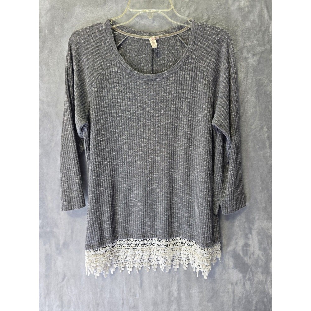 Red Camel Womens Grey L Pullover Long Sleeve T Shirt Sweater Ribbed Crochet Hem